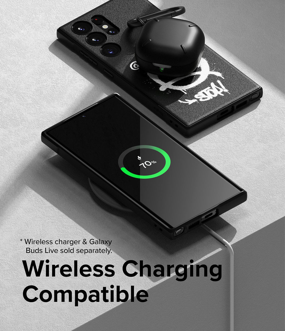 Galaxy S23 Ultra Case | Onyx Design - Phone with Onyx case charging wirelessly with earbuds case on top.