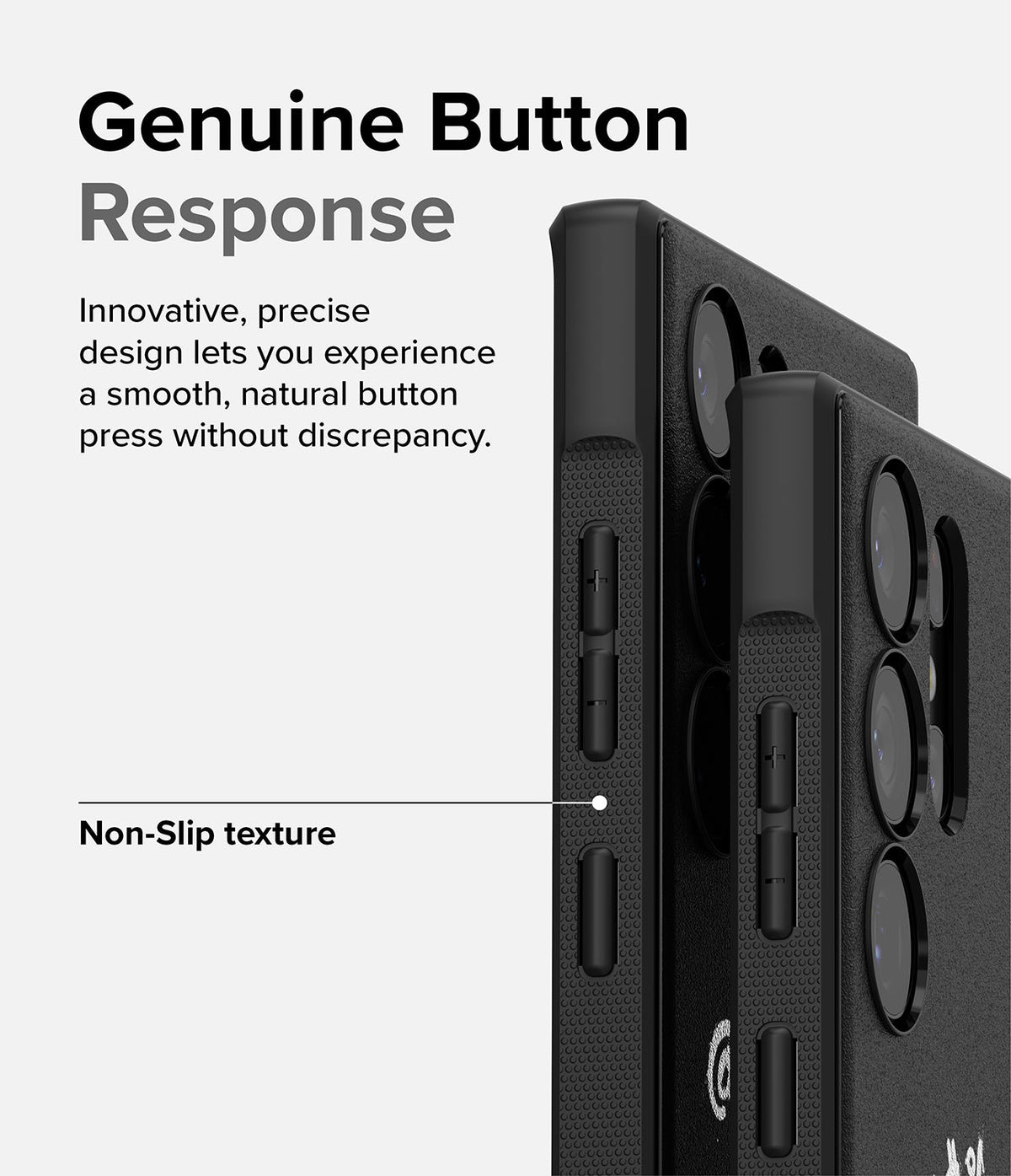 Galaxy S23 Ultra Case | Onyx Design - Close-up of black phone case buttons with textured grip and descriptive text overlay.