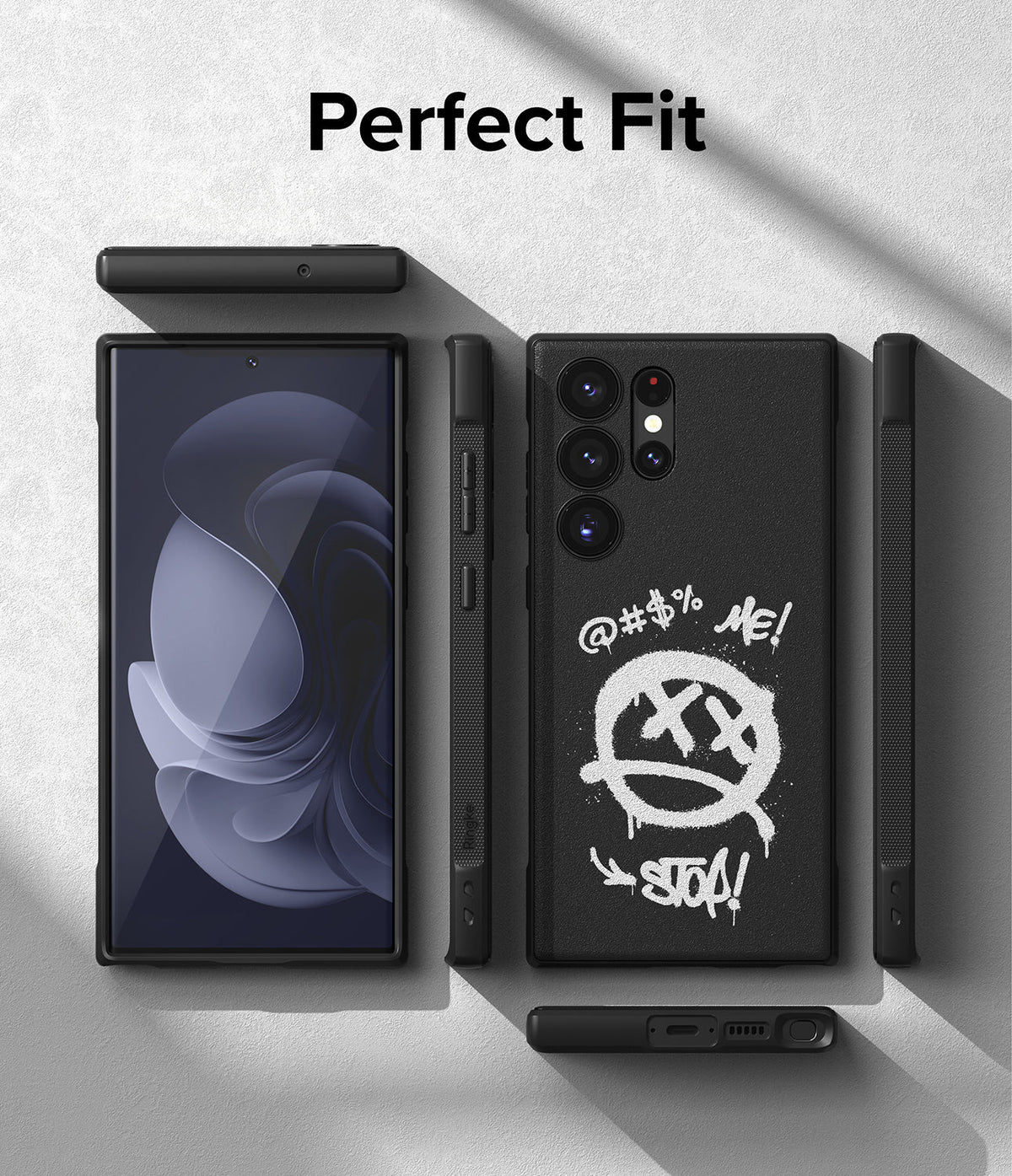 Galaxy S23 Ultra Case | Onyx Design - Black phone case with graffiti art, shown from front, back, and side angles.