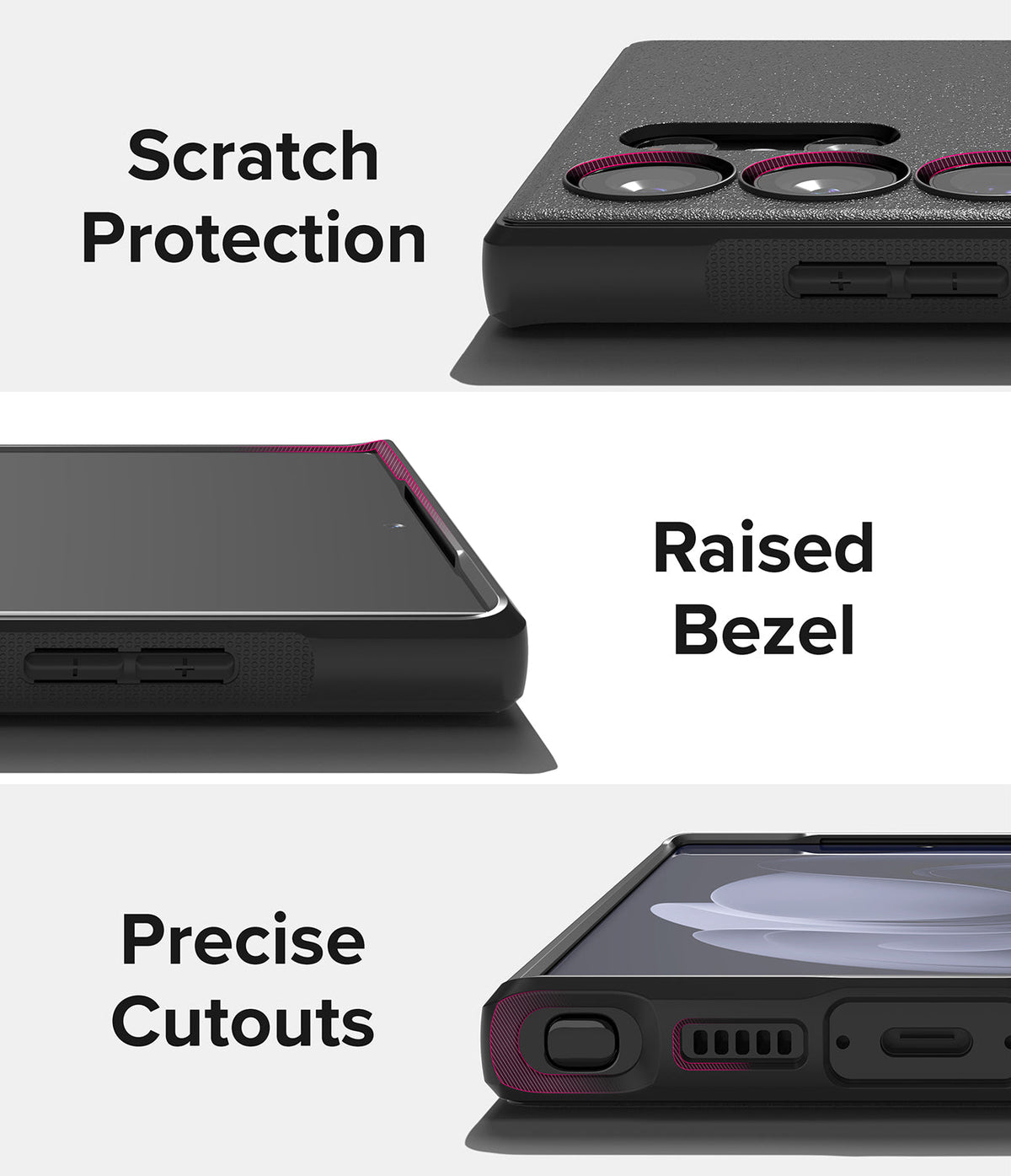 Galaxy S23 Ultra Case | Onyx Design - Close-ups showing camera protection, raised screen bezels, and precise port cutouts.