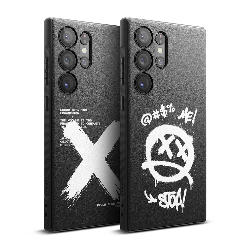 Galaxy S23 Ultra Case | Onyx Design - Two black phone cases with white graffiti-style graphics and text on a textured surface.