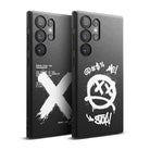 Galaxy S23 Ultra Case | Onyx Design - Two black phone cases with white graffiti-style graphics and text on a textured surface.