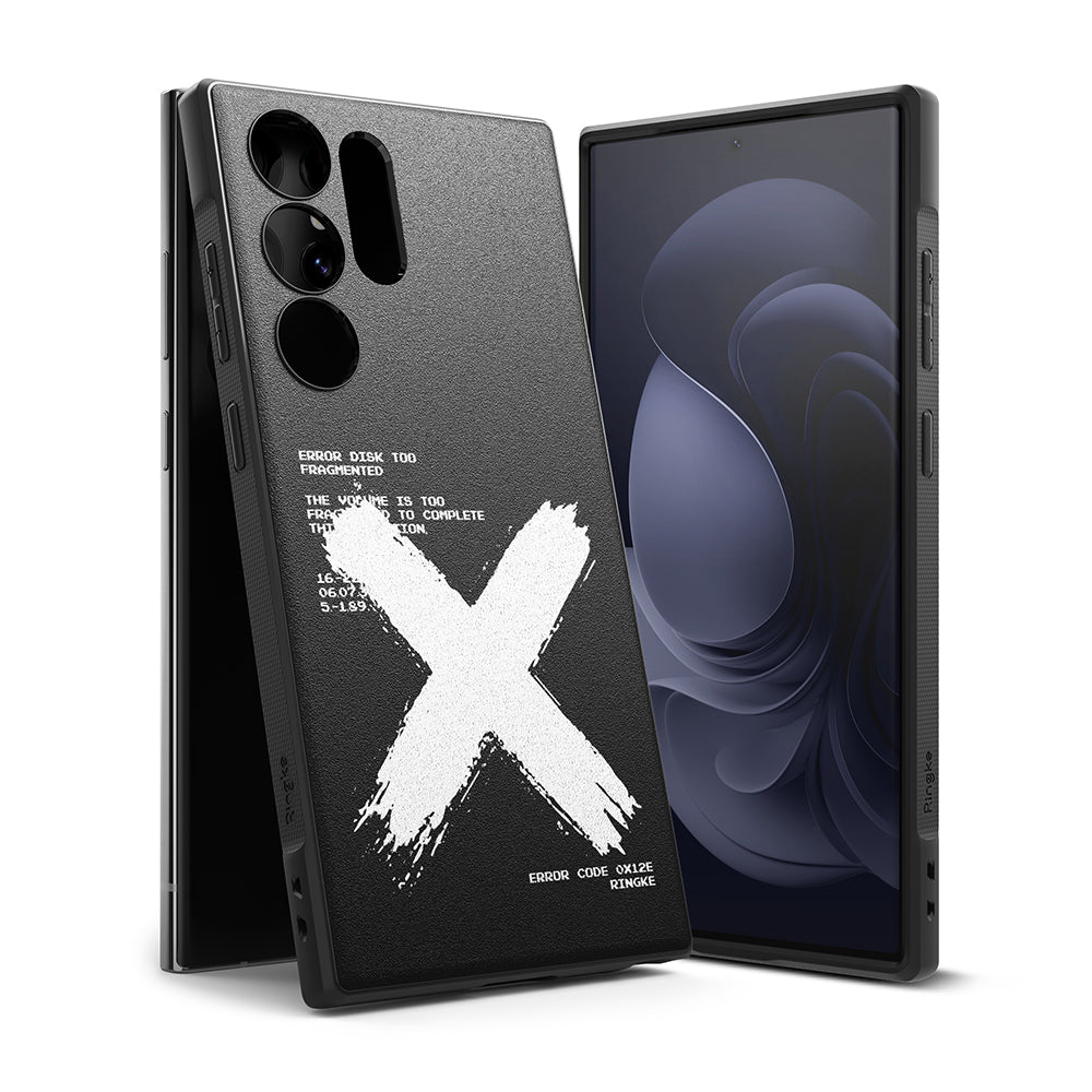 Galaxy S23 Ultra Case | Onyx Design - Black phone case with a white brushstroke X and technical error text graphics.
