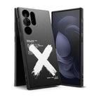 Galaxy S23 Ultra Case | Onyx Design - Black phone case with a white brushstroke X and technical error text graphics.