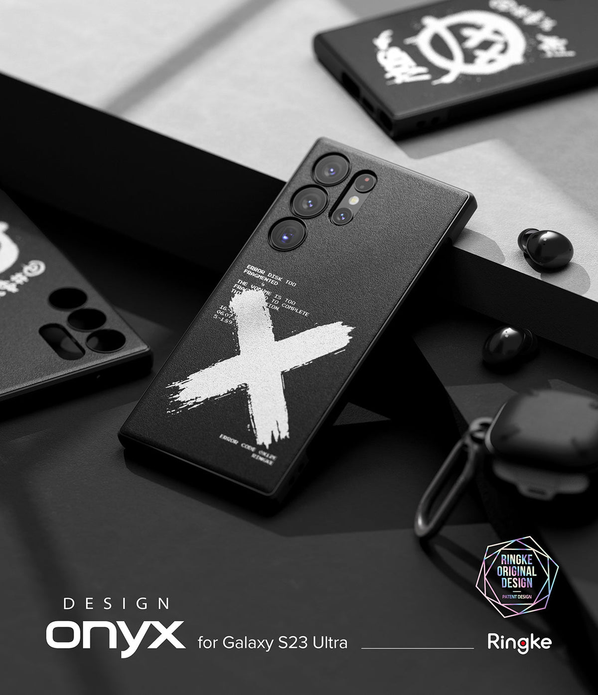 Galaxy S23 Ultra Case | Onyx Design - Black phone case with a white brush-stroke X and technical text on a textured surface.