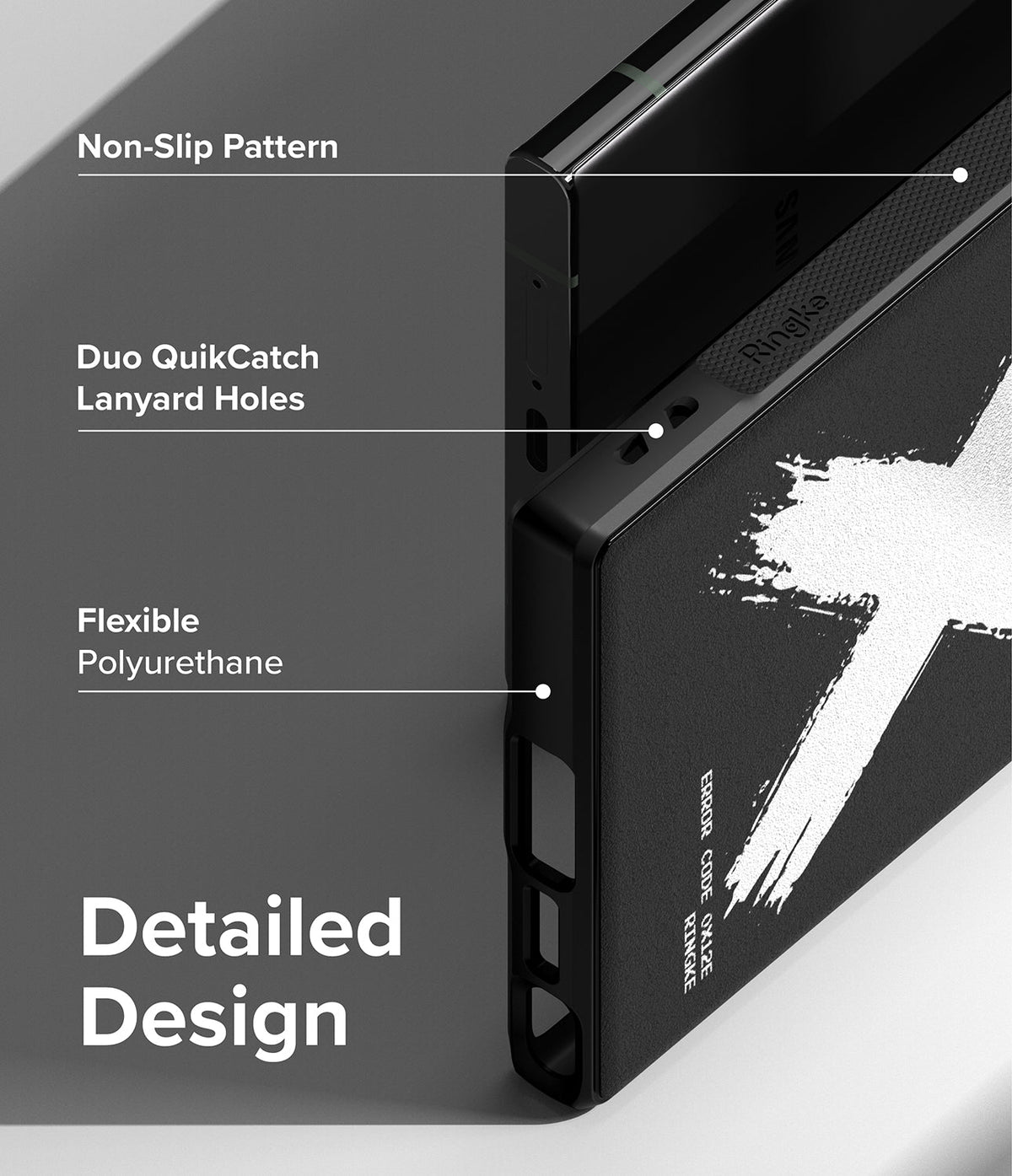 Galaxy S23 Ultra Case | Onyx Design - Close-up of phone case features including non-slip texture, lanyard holes, and flexible material.