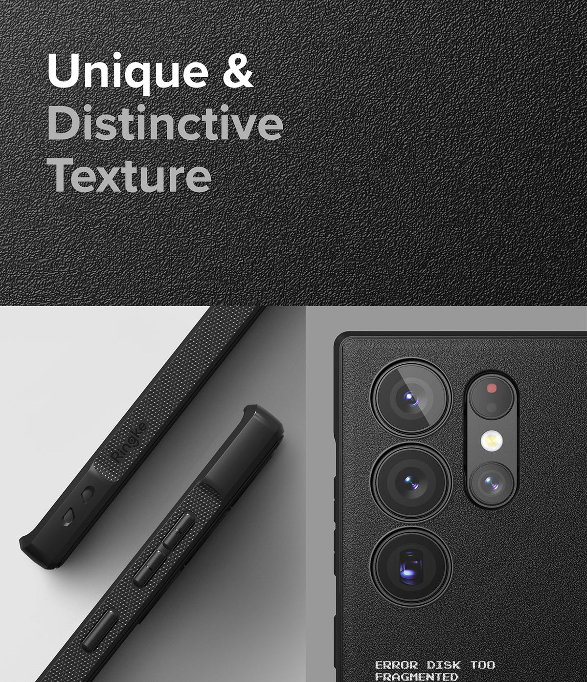 Galaxy S23 Ultra Case | Onyx Design - Black textured phone case showing side buttons and camera lens cutouts.