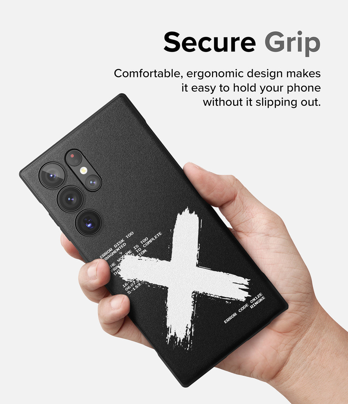 Galaxy S23 Ultra Case | Onyx Design - Hand holding a black phone case with a white brushstroke X and technical text.