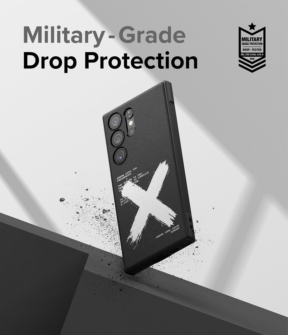 Galaxy S23 Ultra Case | Onyx Design - Black phone case with a white X graphic and text, featuring military-grade drop protection.