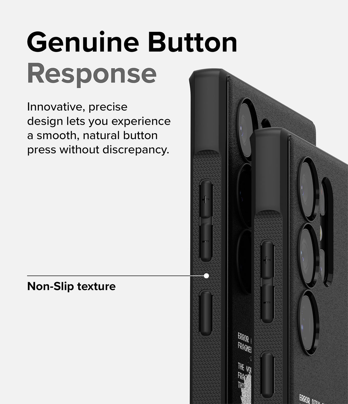 Galaxy S23 Ultra Case | Onyx Design - Close-up of black phone case with textured grip and tactile buttons on the side.