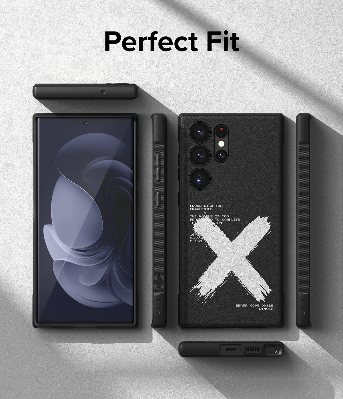 Galaxy S23 Ultra Case | Onyx Design - Black phone case with white X graphic and text, shown from front, back, and sides.