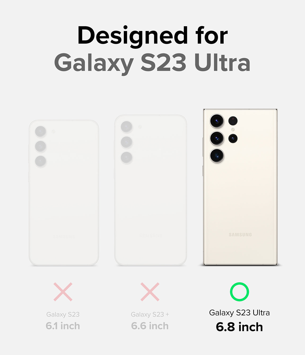 Galaxy S23 Ultra Case | Onyx - Comparison chart showing Galaxy S23, S23+, and S23 Ultra, highlighting the 6.8-inch Ultra model.