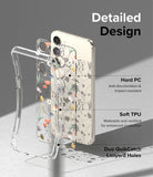 Galaxy S23 Case | Fusion Design - Exploded view of a floral phone case showing hard PC, soft TPU, and lanyard holes.