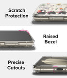 Galaxy S23 Case | Fusion Design - Three close-up views of a clear phone case highlighting scratch protection, raised bezels, and precise cutouts.