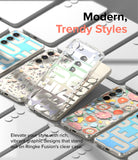 Galaxy S23 Case | Fusion Design - Multiple Galaxy S23 phones in clear cases with floral and graphic designs arranged on a gray surface.
