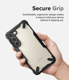 Galaxy S23 Case | Fusion-X - Hand holding a Galaxy S23 with a black Fusion-X protective case featuring a clear back panel.