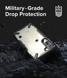 Galaxy S23 Case | Fusion-X - Galaxy S23 in a black Fusion-X case resting on dark, rocky debris with military-grade protection text.