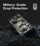 Galaxy S23 Case | Fusion-X - Camouflage phone case on rocky terrain with military-grade drop protection text and badge.