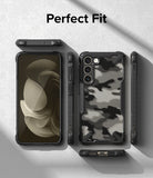 Galaxy S23 Case | Fusion-X - Black camo phone case shown from all angles with a screen view and precise cutouts.
