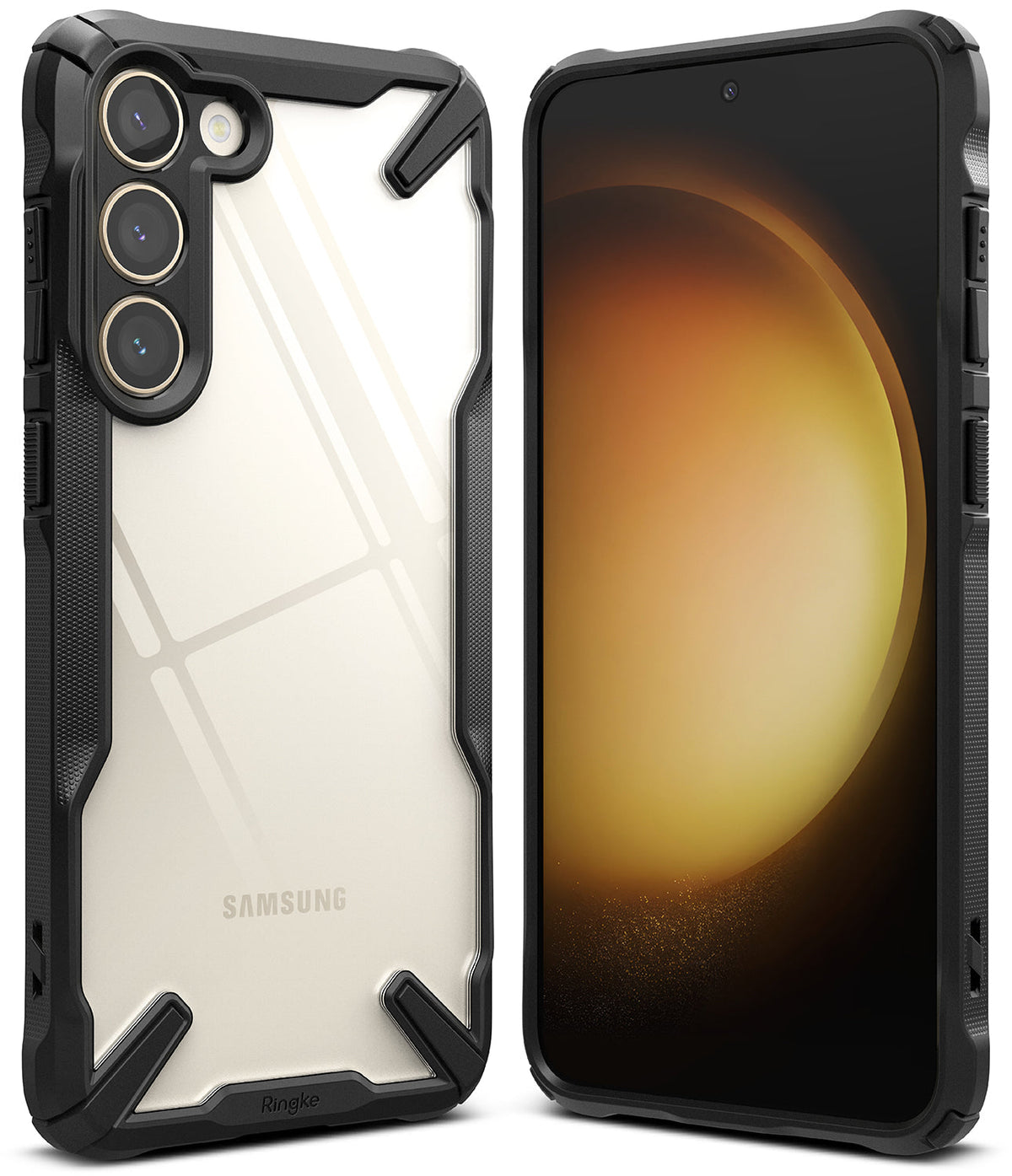 Galaxy S23 Plus Case | Fusion-X - Clear back phone case with black rugged bumpers shown from front and back angles.