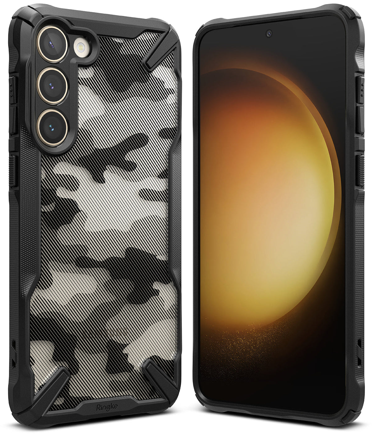 Galaxy S23 Plus Case | Fusion-X - Black and white camo phone case with a rugged bumper, shown from front and back views.