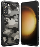 Galaxy S23 Plus Case | Fusion-X - Black and white camo phone case with a rugged bumper, shown from front and back views.