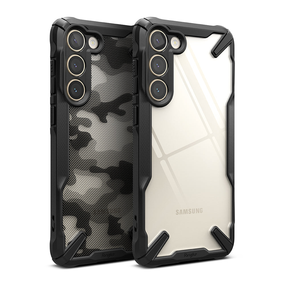 Galaxy S23 Plus Case | Fusion-X - Two Galaxy S23 Plus phones with black rugged Fusion-X cases, one clear and one camo.