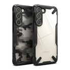 Galaxy S23 Plus Case | Fusion-X - Two Galaxy S23 Plus phones with black rugged Fusion-X cases, one clear and one camo.
