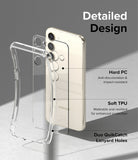 Galaxy S23 Case | Fusion - Exploded view of a clear phone case showing hard PC, soft TPU, and lanyard hole features.