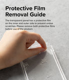 Galaxy S23 Case | Fusion - Hand peeling a protective film off the clear back panel of a phone case.