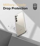 Galaxy S23 Case | Fusion - Clear phone case on a Galaxy S23 with military-grade drop protection text and badge.