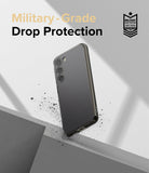Galaxy S23 Case | Fusion - A Galaxy S23 in a clear case floating above concrete with debris and military-grade certification.