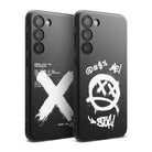 Galaxy S23 Case | Onyx Design - Two black phone cases with white graffiti-style graphics, one with an X and one with a face.