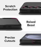 Galaxy S23 Case | Onyx - Three panels showing scratch protection, raised bezels, and precise cutouts on a black phone case.