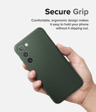 Galaxy S23 Case | Onyx - Hand holding a dark green textured Galaxy S23 case with text about secure grip and ergonomics.