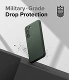 Galaxy S23 Case | Onyx - Dark green phone case with military-grade drop protection text and badge on a geometric background.