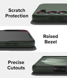 Galaxy S23 Case | Onyx - Three close-up views of a dark green phone case highlighting camera protection, raised bezels, and cutouts.