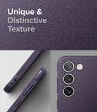 Galaxy S23 Case | Onyx - Close-up of a textured purple phone case showing side buttons and the triple-lens camera array.