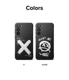 Galaxy S23 Case | Onyx Design - Two black phone cases with white X and graffiti smiley face designs on a white background.