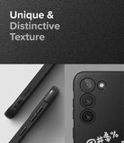 Galaxy S23 Case | Onyx Design - Close-up of a black textured phone case with side buttons and a triple-lens camera array.