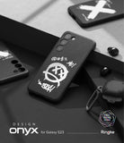 Galaxy S23 Case | Onyx Design - Black phone case with white graffiti-style skull icon and text on a dark geometric surface.