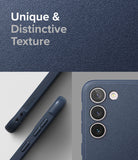 Galaxy S23 Case | Onyx - Close-up of navy textured phone case showing side buttons and triple camera lens layout.