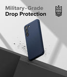 Galaxy S23 Case | Onyx - Navy blue phone case with military-grade drop protection badge on a textured background.