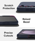 Galaxy S23 Case | Onyx - Three close-up views of a dark blue phone case highlighting scratch protection, raised bezels, and cutouts.