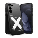 Galaxy S23 Case | Onyx Design - Black phone case with a large white X, technical text, and textured finish on a Galaxy S23.