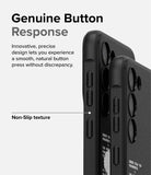 Galaxy S23 Case | Onyx Design - Close-up of black phone case buttons and textured side grip with descriptive text overlay.