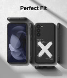 Galaxy S23 Case | Onyx Design - Black phone case with a white X graphic and text, shown from multiple angles on a textured surface.