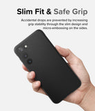 Galaxy S23 Plus Case | Onyx - Hand holding a black textured phone case with text highlighting slim fit and grip.