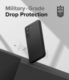 Galaxy S23 Plus Case | Onyx - Black textured phone case with military-grade drop protection badge on a gray background.