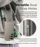 Galaxy S24 Ultra Case | Air Bumper - Phone case with dual strap holes holding a green neck strap and a small accessory bag.